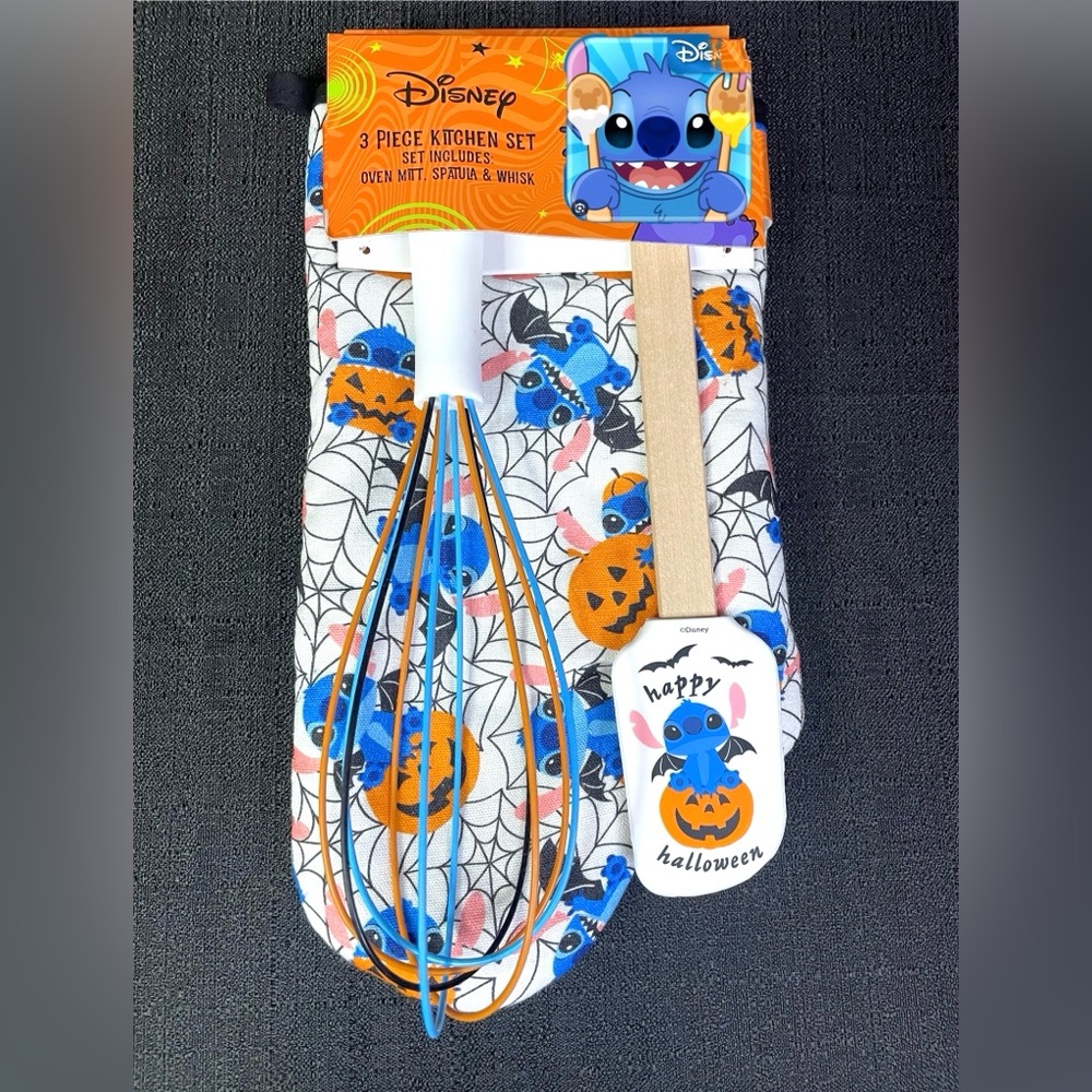 Stitch Halloween 3-pc Kitchen Set Oven Mitt Spatula Whisk Blue Orange Black NWT